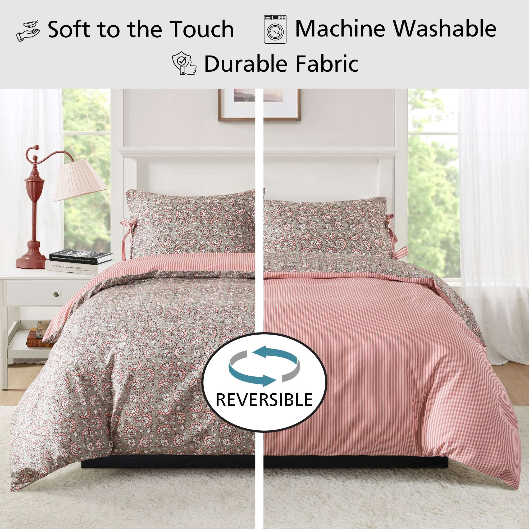 Mainstays Full/Queen Duvet Cover Set, Reversible All-Season, 3-Piece, Green Floral Bowknot