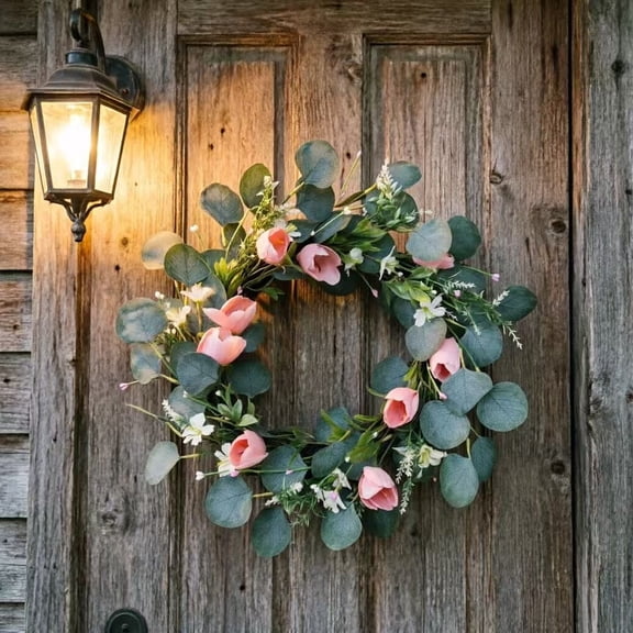 Spring Tulip Wreath with Eucalyptus - Fresh Floral Door Wreath for Front Door, Spring Porch Decor, Home & Outdoor Welcome Decorations, 16in