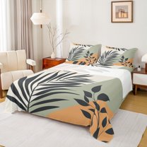 Manfei Tropical Botanical Leaf Queen Sheet Sets,Minimalsit Aesthetic Flat Sheet,Green Orange Beige Queen Fitted Sheet For Children,Microfiber Bedroom Decor,4 Pieces