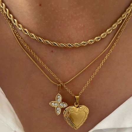 SKQIT 3 Pcs Layered Heart Pendant and Cross Necklace for Women, 18K Gold Plated Jewelry Dainty Cross Choker Trendy Charms Chain Gifts for Her