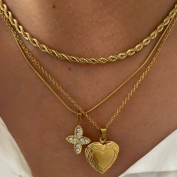 SKQIT 3 Pcs Layered Heart Pendant and Cross Necklace for Women, 18K Gold Plated Jewelry Dainty Cross Choker Trendy Charms Chain Gifts for Her