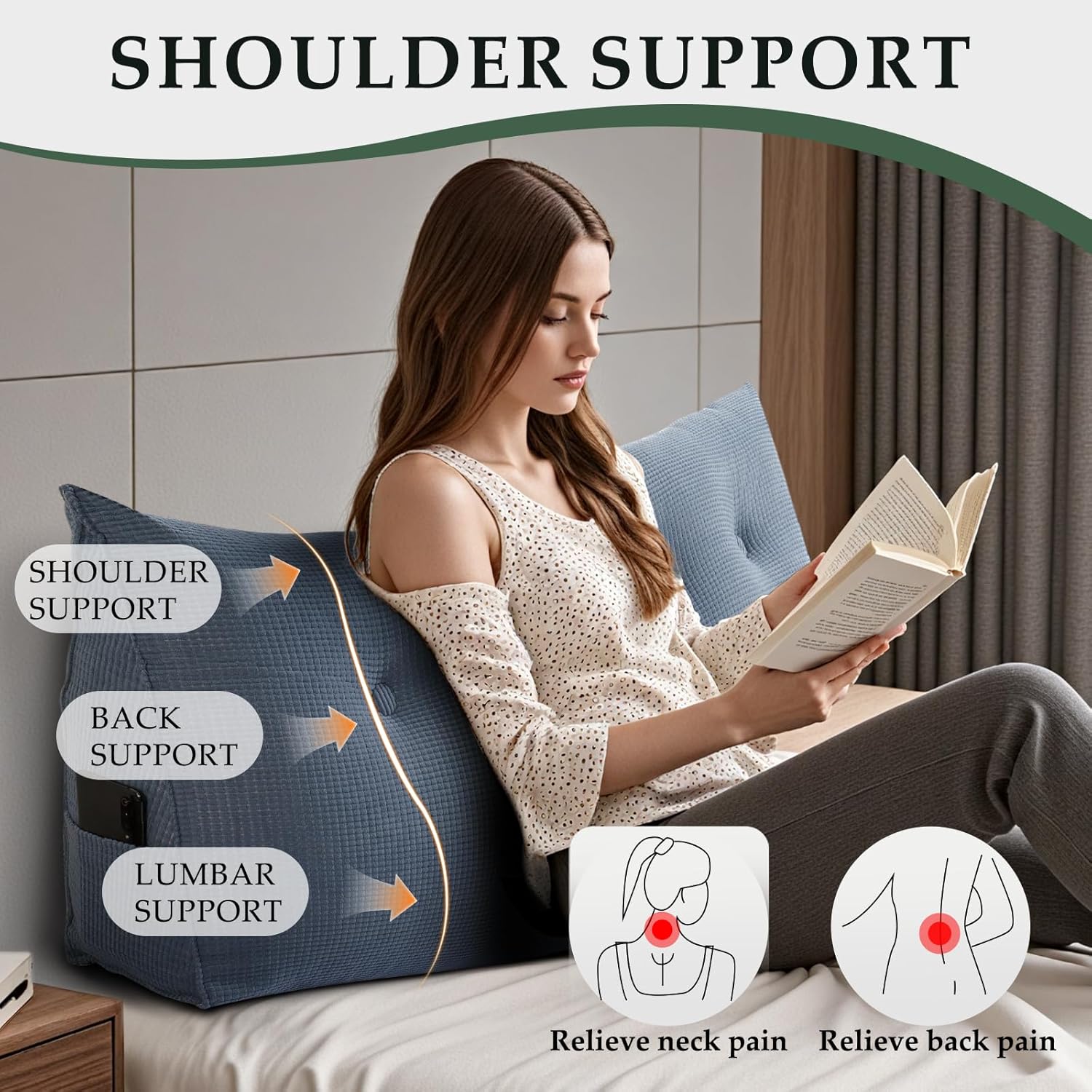 Soft Headboard Pillow Queen Size, Wall Backrest Wedge Pillow Headboard Queen, Reading Backboard Pillows, Large Dorm Daybed Bolster Pillows for Back Support with Removable Cover, Blue