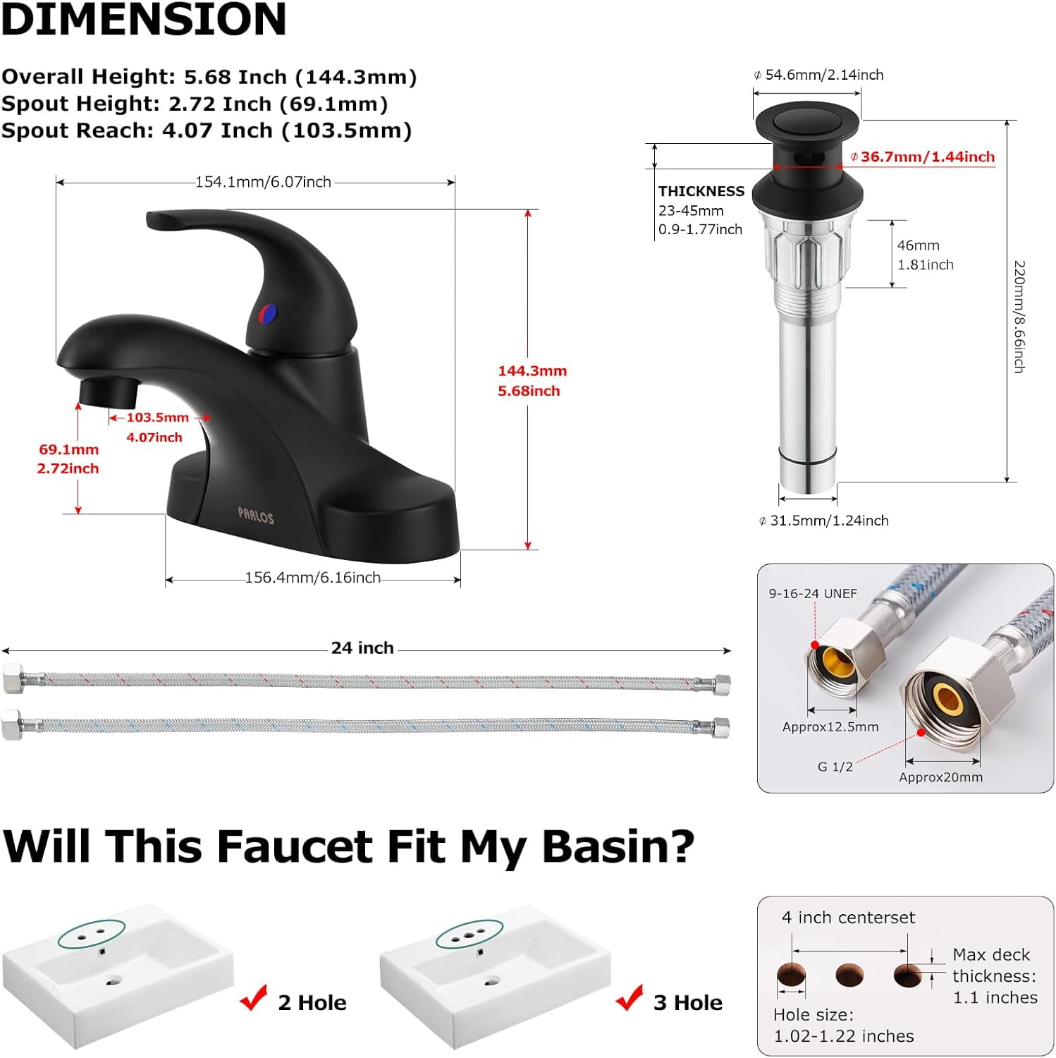 Parlos Centerset Single-handle Bathroom Faucet with Drain Assembly,Matte Black