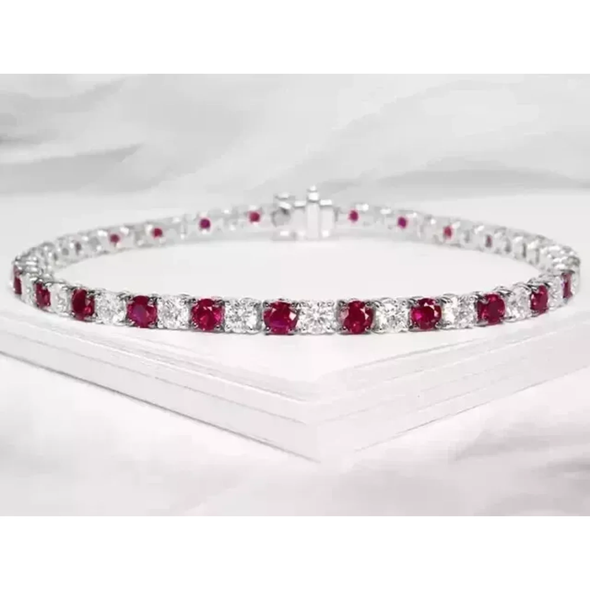 4 MM Simulated Diamond & 9 CT Round Ruby Tennis Bracelet 14K White Gold Plated