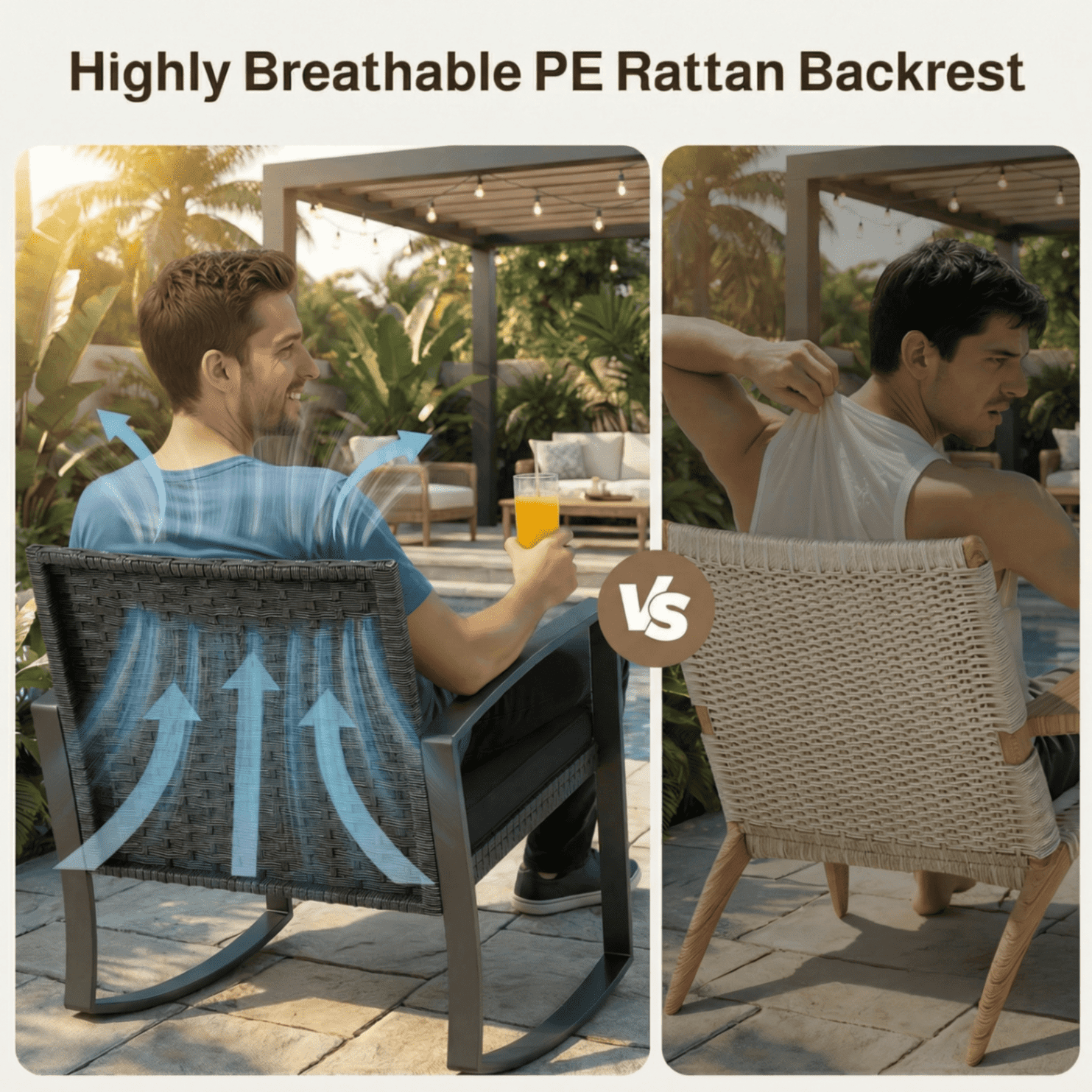 Aiho 3-Piece Rattan Rocking Set–Outdoor Patio Conversation Furniture with Coffee Table for Balcony, Garden, Backyard, or Poolside (Black)