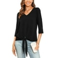 thumbnail image 3 of Uvplove Chiffon Blouses for Women V Neck Tie Front 3/4 Sleeve Tops Business Casual Office Work Loose Top Shirts,Black,M, 3 of 11