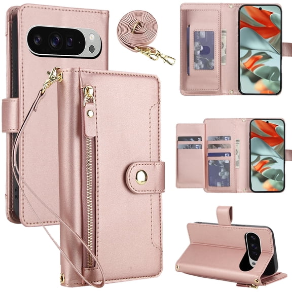 for Google Pixel 10 Pro XL Wallet Case, Multi-Functional PU Leather Flip Cover with Card Holder and Zipper Pocket, Detachable Shoulder & Wrist Strap Secure RFID Blocking Protection,Black/Hot Pink