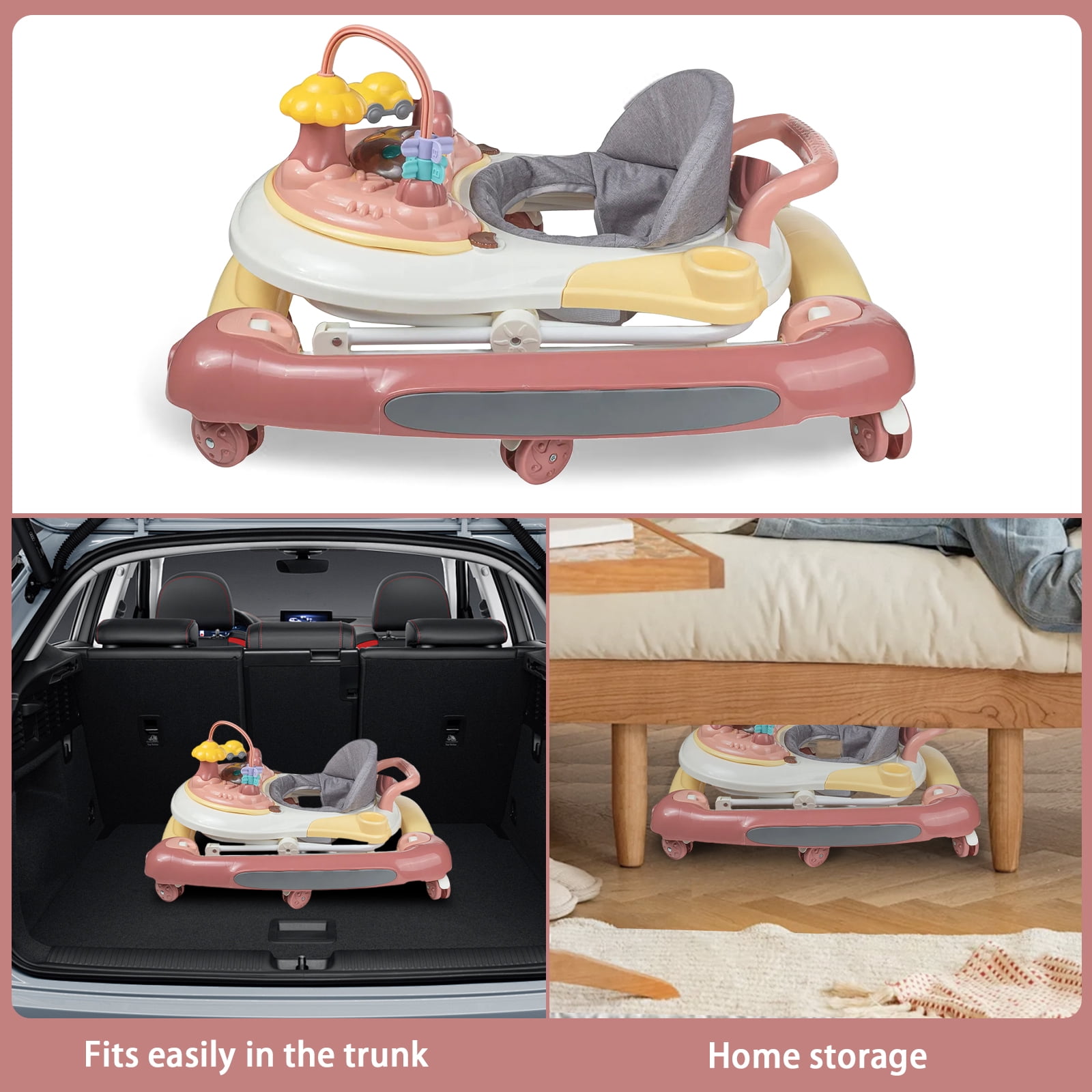OUYI Foldable Baby Walker for Newborn & Toddler Safe - Sunshade, Foldable for Portability, Pink