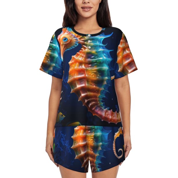 Fotbe Yellow Fish Seahorse Conjunto de Pijama Estampado para Mujer, 2 Piezas, Ropa de Dormir con Camiseta de Manga Corta y Shorts Suaves-4X-Large