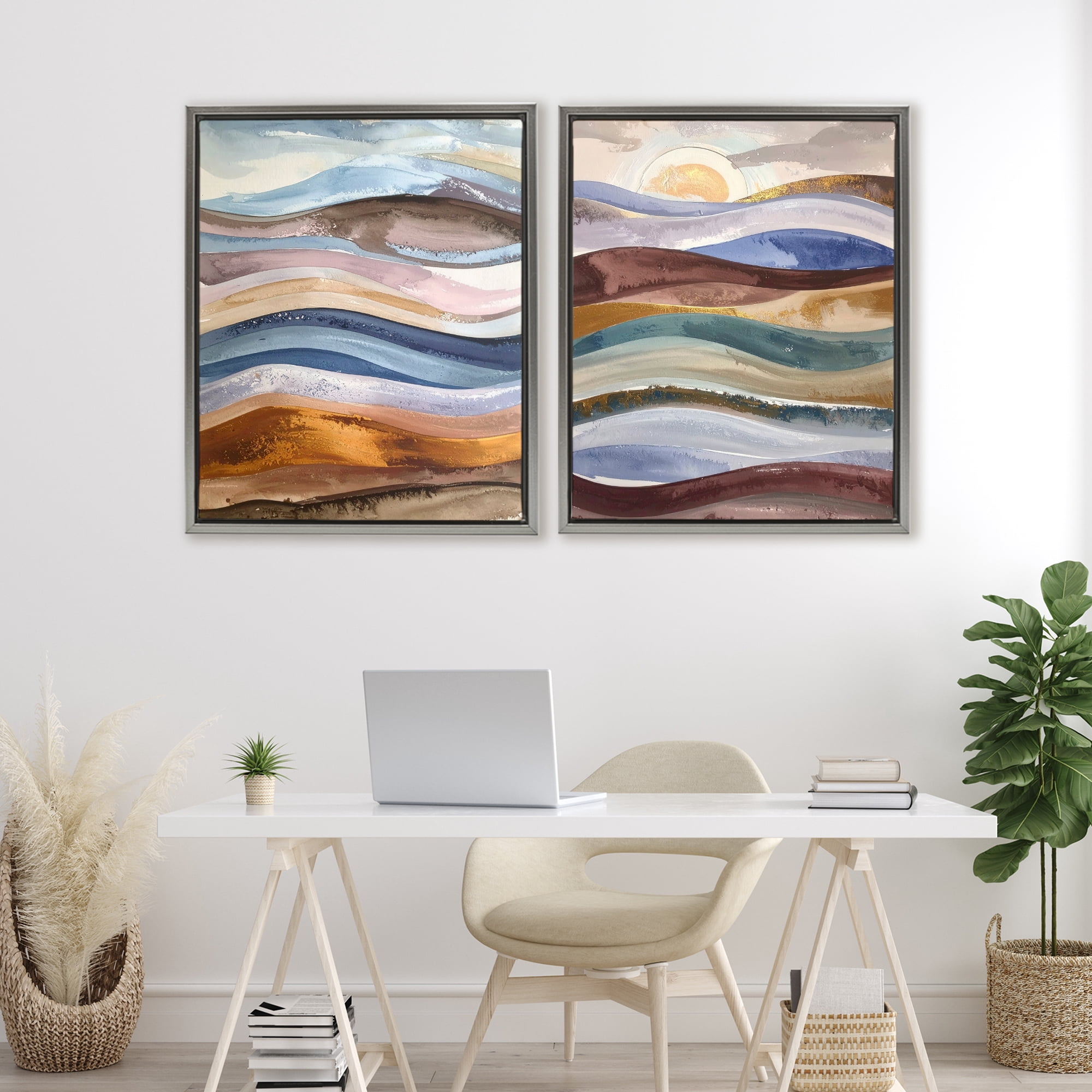 Stupell Industries Earthy Ocean Flow 2 Piece Gray Framed Floater Canvas Set, design by Alonza Saunders