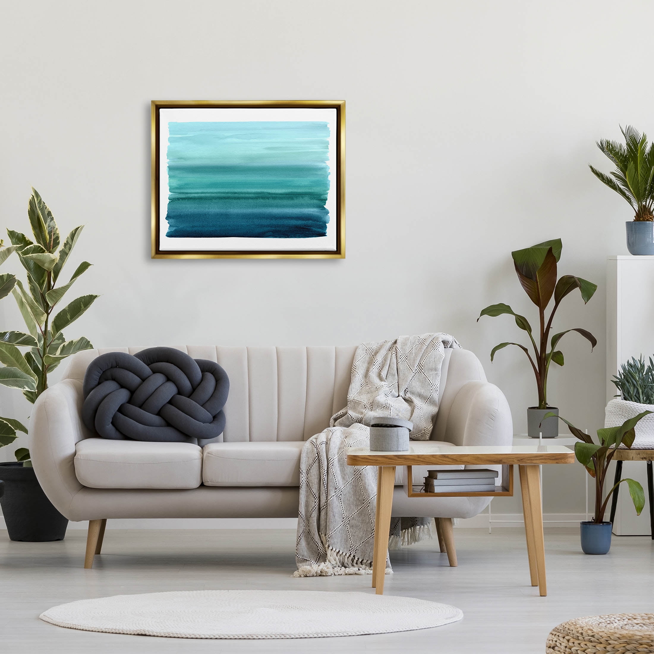 Stupell Industries Turquoise Gradient Shape Painting Graphic Art Metallic Gold Floating Framed Canvas Print Wall Art, Design by Allie Corbin