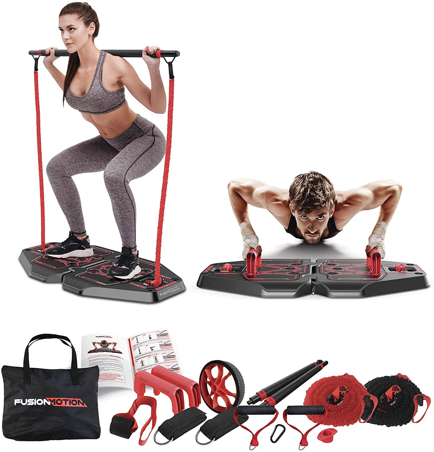 Fusion Motion Portable Gym with 8 Accessories Including Heavy Resistance  Bands Tricep Bar Ab Roller Wheel Pulleys and More - Full Body Workout Home  