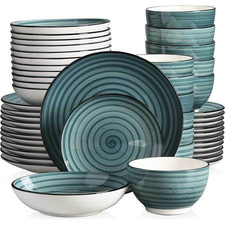 

Bonbon Blue Dinnerware Sets 24 Pieces Stoneware Plates and Bowls Set Handpainted Spirals Pattern Combination Set with Dinner Plates Dessert Plates Soup Plates and Bowls Service for 6