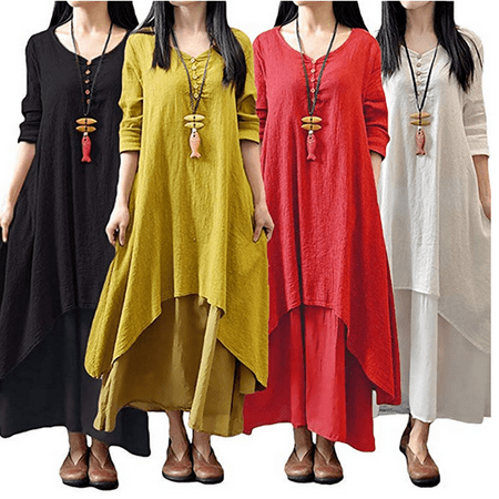 Cotton Peasant Dress - Multitrust Sexy Women Peasant Ethnic Boho Cotton Linen Long Sleeve Maxi Dress Gypsy Dresses