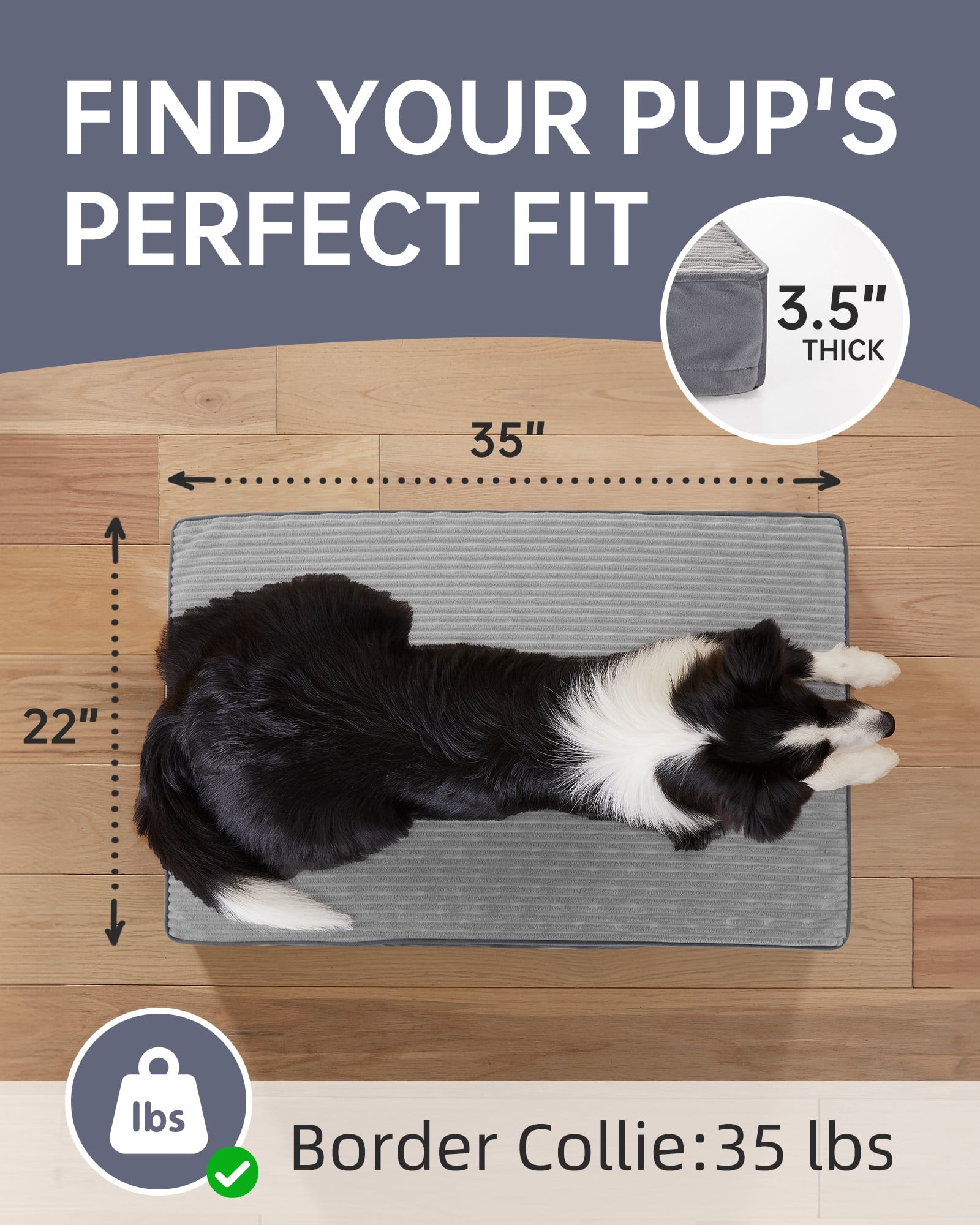 Ophanie Orthopedic Dog Bed for Large Dogs with Removable Washable Cover, Non-Slip Bottom & Waterproof Liner, Suitable for Crates, 35"x22"x3.5", Gray
