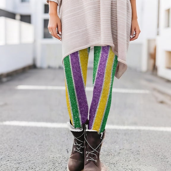 VBVC Women's Mardi Gras Leggings,Ladies Purple Green Yellow Yoga Pants,High Waisted Breathable Tights For Women,Multicolor,S-3XL