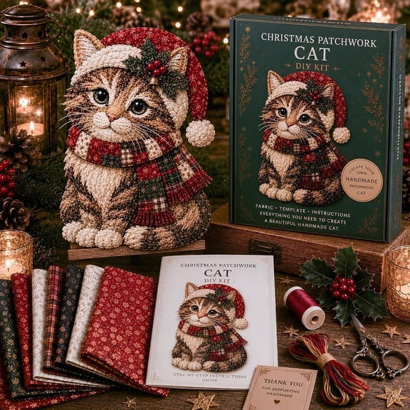 Christmas Patchwork Fabric DIY Decor Kit, Holiday Fabric Craft Set with Step-by-Step Photo Guide for Adults and Beginners(Cat)