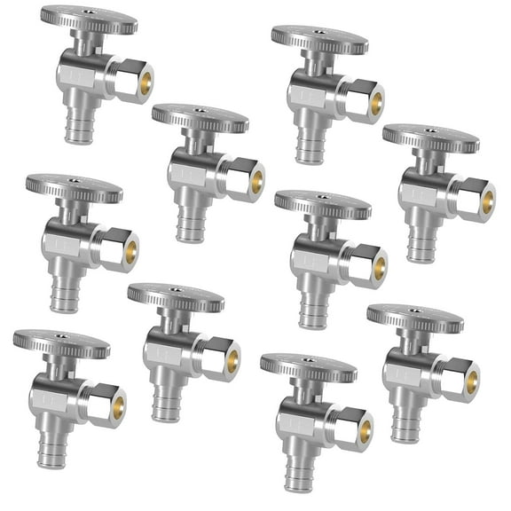 Coolnut 10 Pack Angle Stop Valve, Water Shut Off Valve 1/2" PEX x 3/8" OD Compression, Quarter Turn Chrome Plated Valve