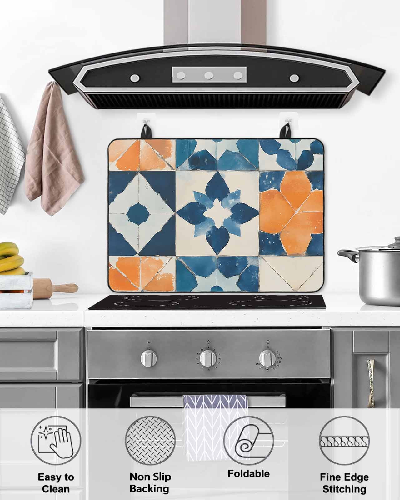nqOlkjepod Large Induction Cooktop Protector Mat 24"x21", Abstract Blue Stove Top Covers for Electric Stove, Orange Color Block Retro Watercolor Boho Stove Burner Cover Mats, Glass Top Stove Cover