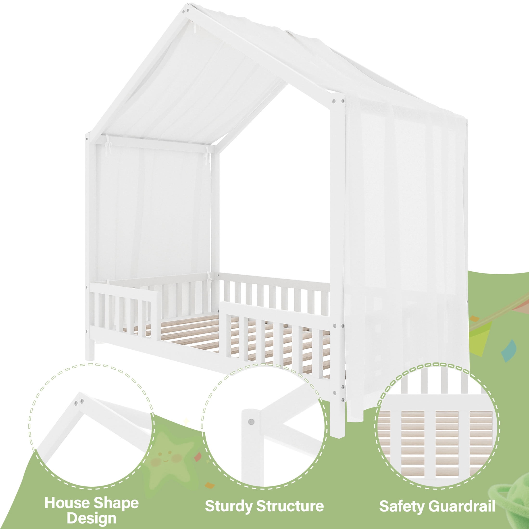 Noble House Twin Floor Bed with Canopy and Guardrails, Wood House Bed Frame for Kids, White