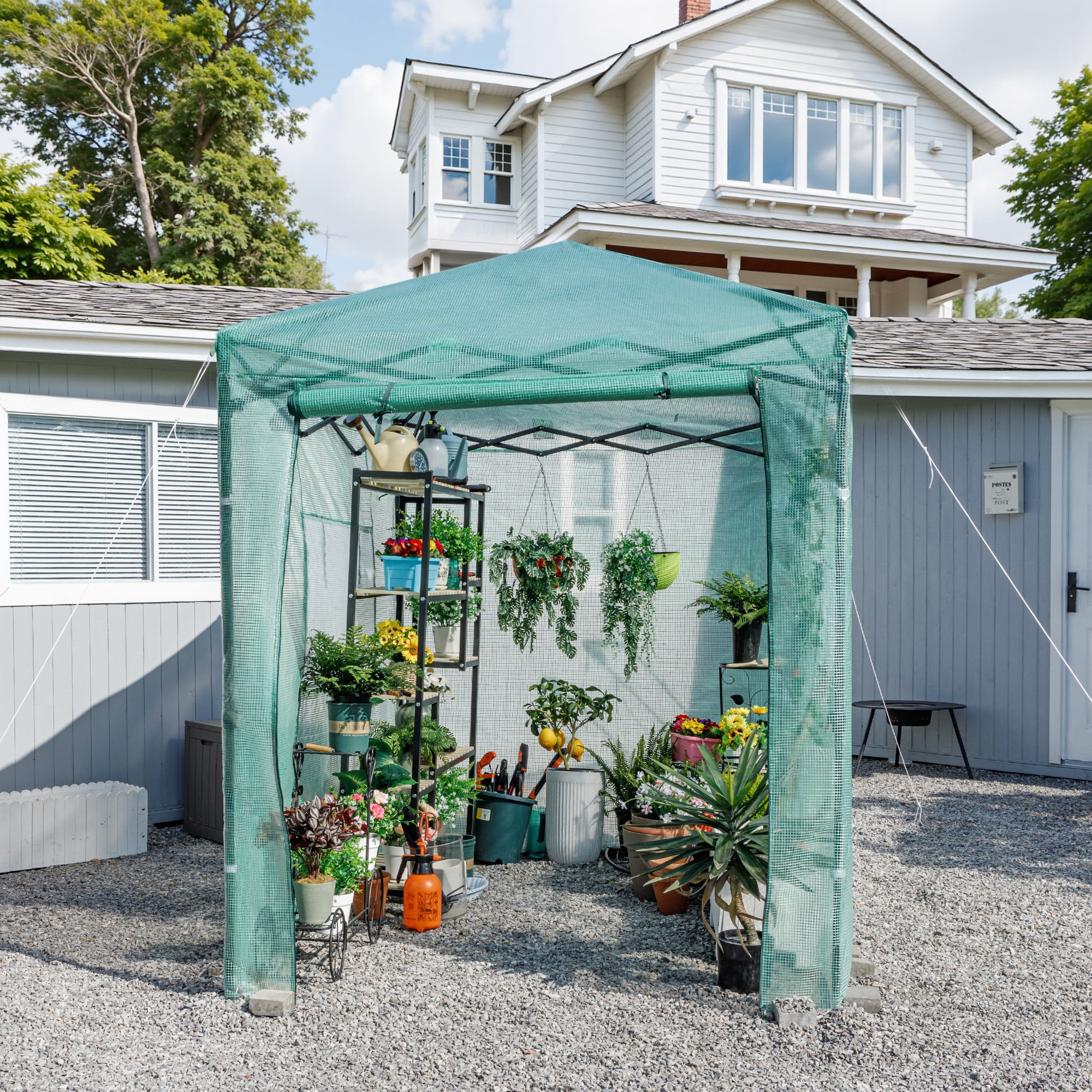 Vineego 8*6 Ft Portable Pop-Up Walk-in Greenhouse with Central Lock Windproof PE Cover, Double-Layer Windows, for Garden and Backyard, Green