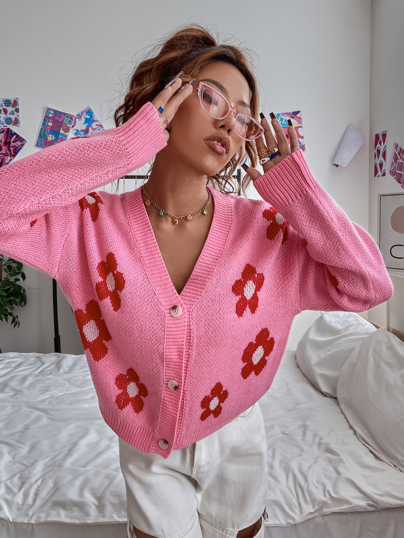 floral drop shoulder button front cardigan
