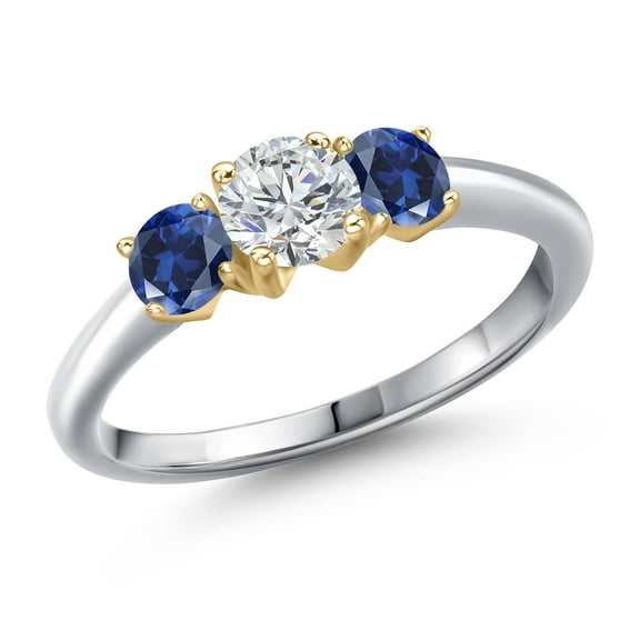 Gem Stone King 10K Two Tone Gold Lab Grown Diamond and Blue Created Sapphire Engagement Ring for Women | 1.00 Cttw | Round 5MM | Gemstone April Birthstone | Size 9