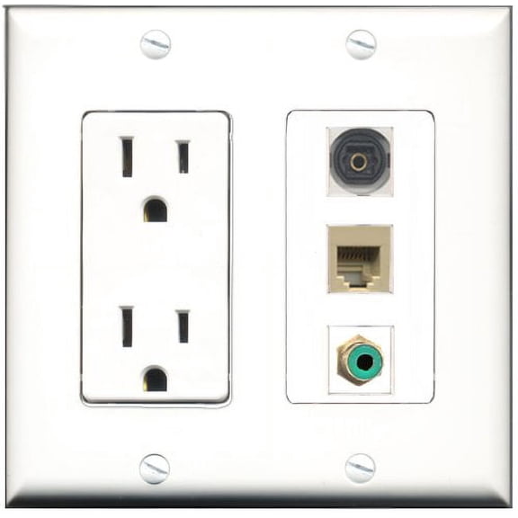 RiteAV - 15 Amp Power Outlet 1 Port RCA Green 1 Port Phone Beige 1 Port Toslink Decorative Wall Plate