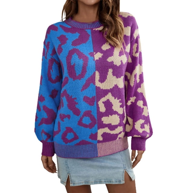 IROINID Pull-over à Col Rond pour Femme Imprimé Confortable à Manches Longues Épissage Tricot Haut