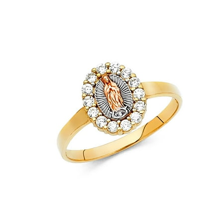 3 Stone Multi Colored Ring - Virgen Of Guadalupe Religious Oval Shape Prong Set CZ 10mm 14k Multi Colored Tri Tone Italian Solid Gold Ring Size 5 Available All Sizes