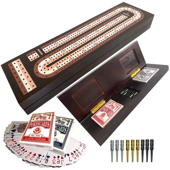 FINENI 3 Track Cribbage Board Game Set, Premium Wooden Board with Magnetic Lock, Metal Pegs, 2 Playing Cards with Large Storage & Travel Portable – Continuous 3 Track Board
