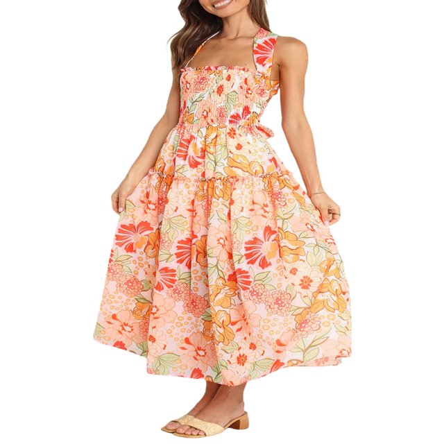 Femmes d'Été Plissée Maxi Robe Licou Cou Sans Manches Robe de Soleil Dos Croix Flowy Maxi Longue Robe de Soleil