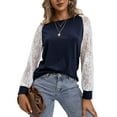 thumbnail image 3 of Blusa de encaje Mujer Mujer Manga larga Cuello redondo Casual Camiseta holgada Manga de encaje Top Azul marino M, 3 of 8