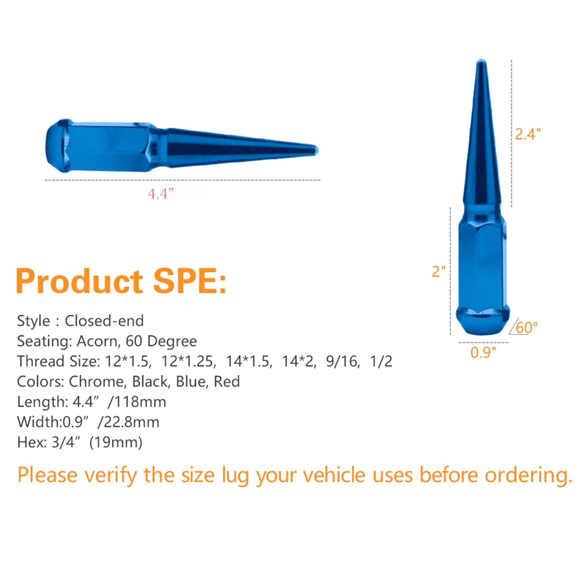24pc Premium Blue SPIKED 12x1.25 Extended Lug Nuts 4.4" OFF-ROAD SPIKE Metal Lugz Nut w/ Key