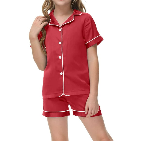 WEIYLL Girls Pjs Sets Summer Solid Color Short Sleeve Turn-Down Collar Button Tops T Shirt Shorts Casual Indoor 3 Pcs Sleepwear Outfit Suit 4-5 Years