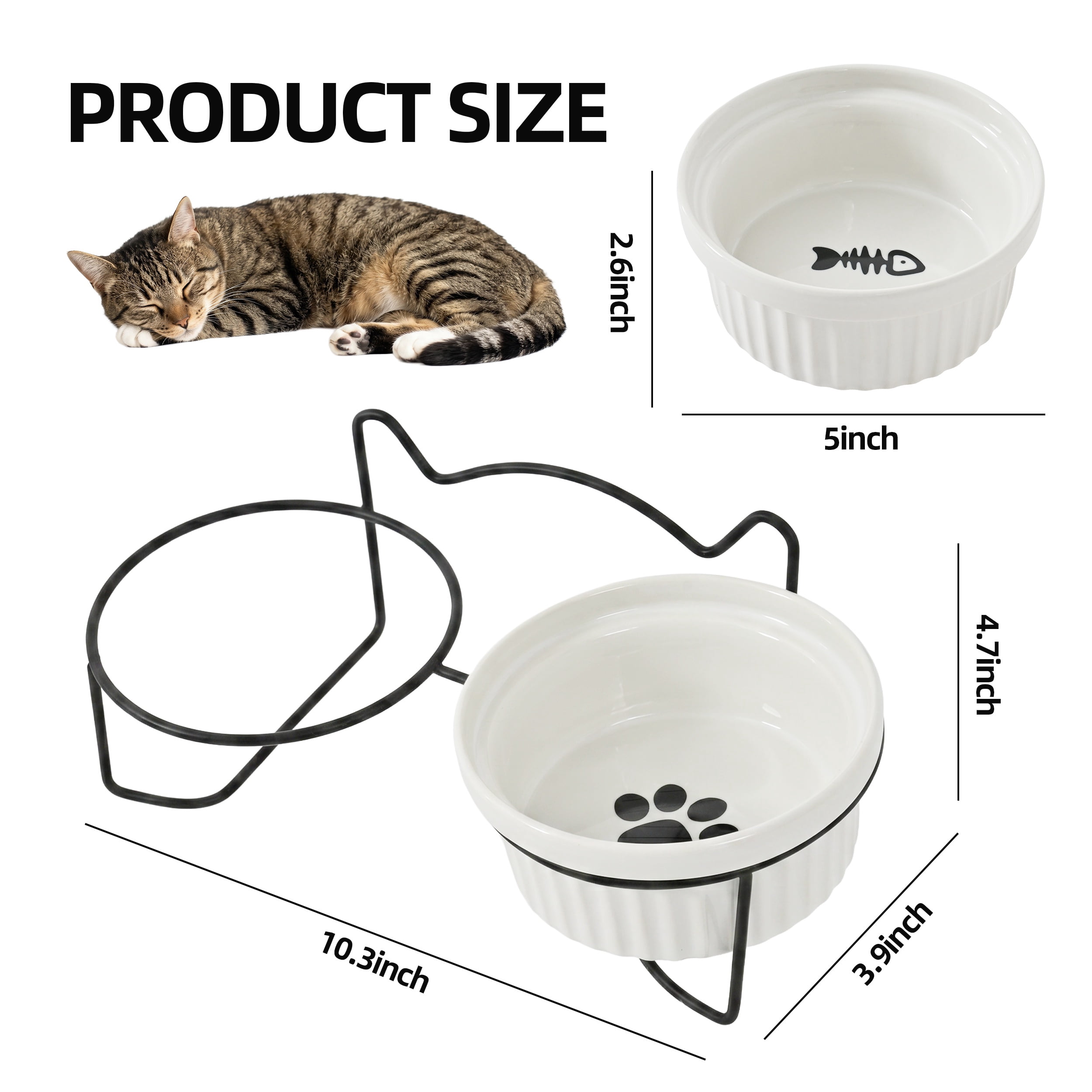 Max & Marlow Ceramic Cat Bowls with Iron Stand, Double Cat Food and Water Bowls Set, Single 300ml