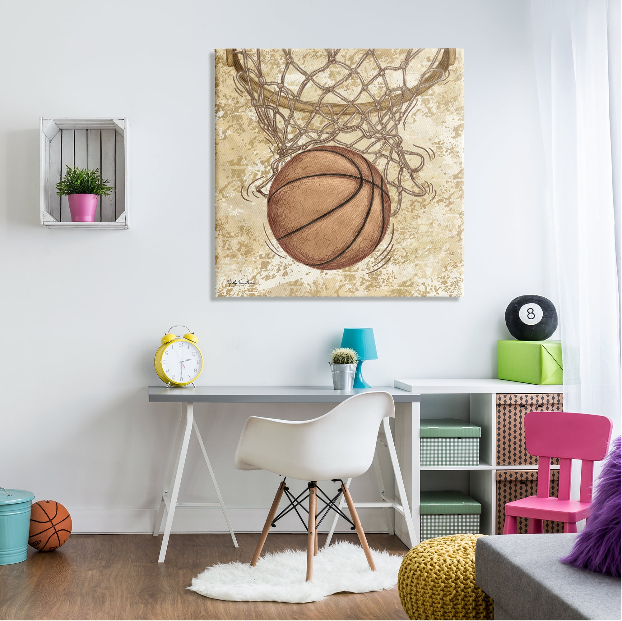 Stupell Industries Rustic Basketball in Hoop Sports Painting Gallery Wrapped Canvas Print Wall Art, 36 x 36