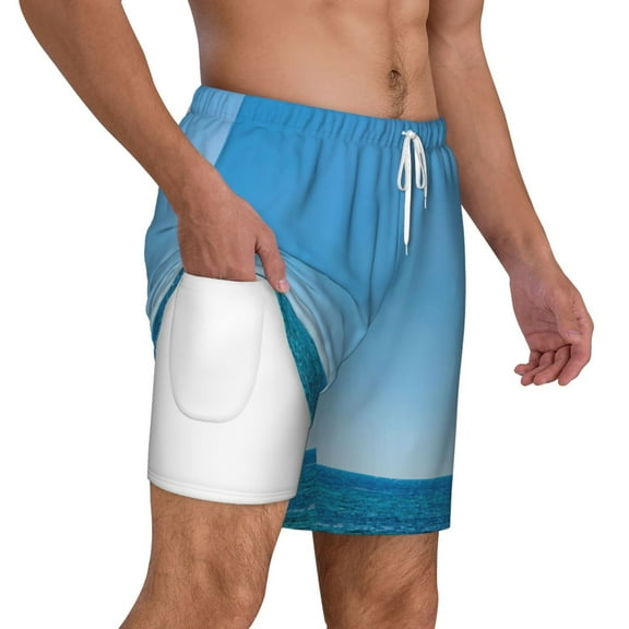 Uemuo Red And White Lighthouse Pattern Mens Swim Trunks Quick Dry Board Shorts with Mesh Lining, Stretch Beach Shorts Quick Dry No-Chafing Board Shorts-Medium