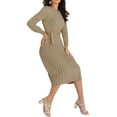 thumbnail image 2 of Sedceaty Women Spring Dress with Waist Belt, Plain Color Long Lantern Sleeve Crew Neck Knitted Pleated Dress, Ladies Fall Midi One-Piece, 2 of 8