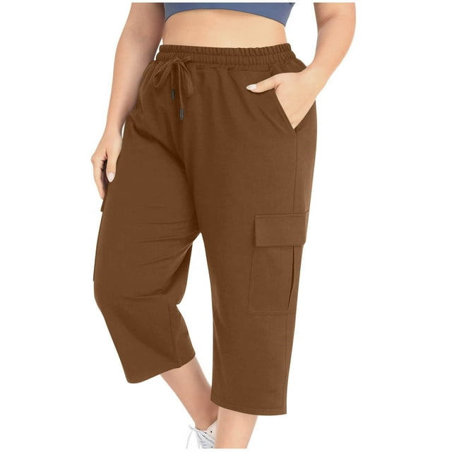 Qetyuw Plus Size Cargo Pants for Woman Straight Leg Capri Pants with Multi Pockets Elastic Waist Drawstring Cropped Pants Workout Sports Trousers