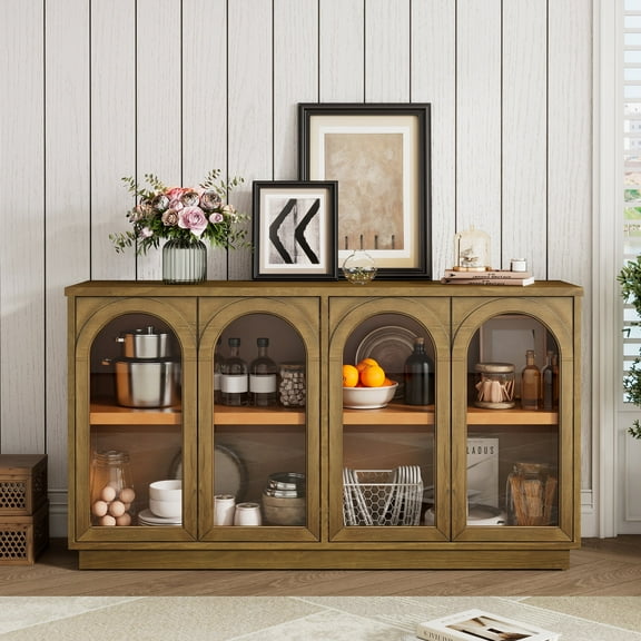 HIUU Arched Cabinet with Glass Doors,Sideboard Buffet Cabinet with Glass Doors,Accent Cabinets with Adjustable Shelves for Kitchen, Dining Room and Living Room (Old Pine)