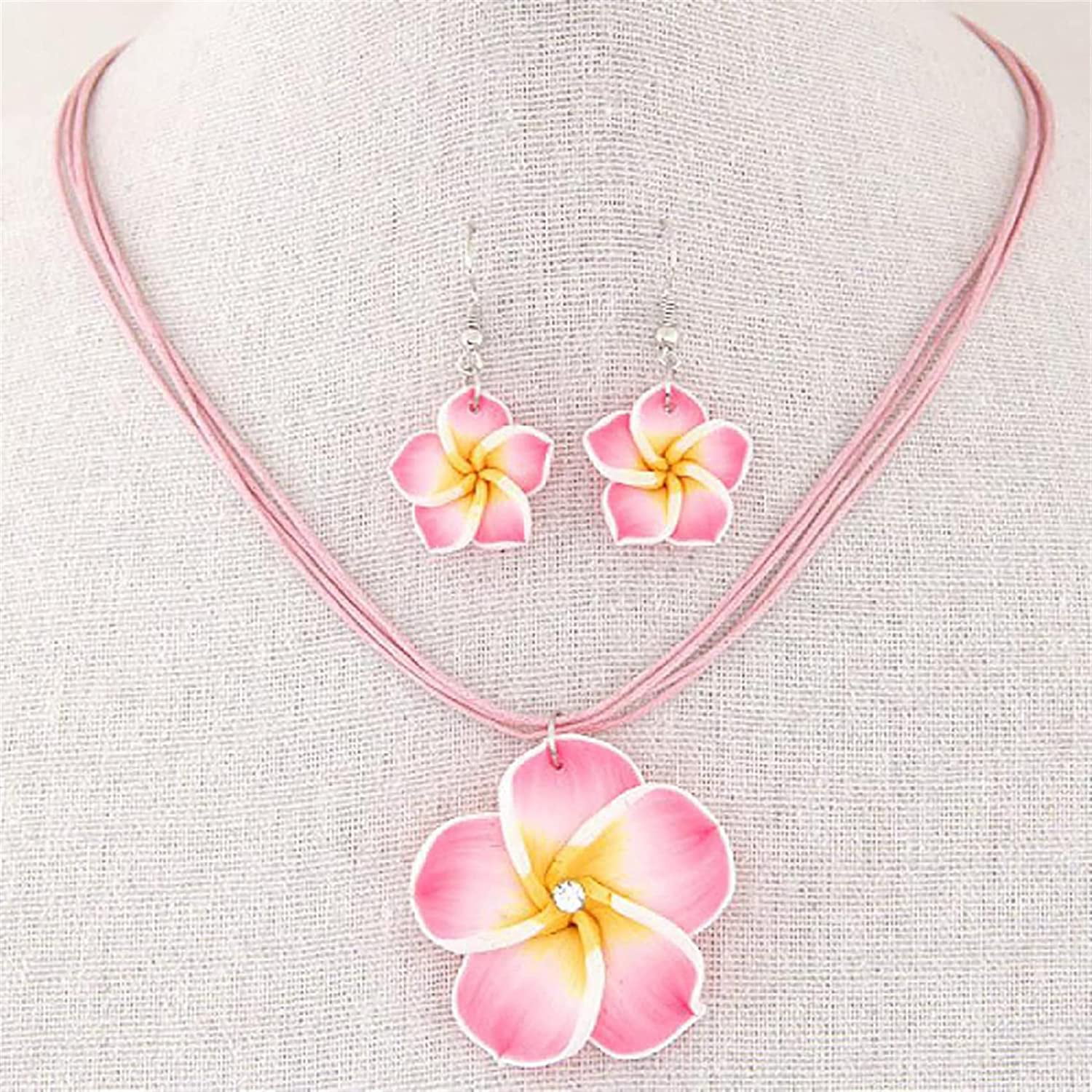 Pink Lovely Girl&Lady Frangipani  Yellow Flower Necklace Earrings Jewelry Sets 