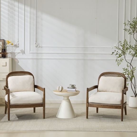 Christopher Knight Home Mid-Century Modern Accent Chairs, Wood Frame with Rattan Backrest, Beige, Set of 2