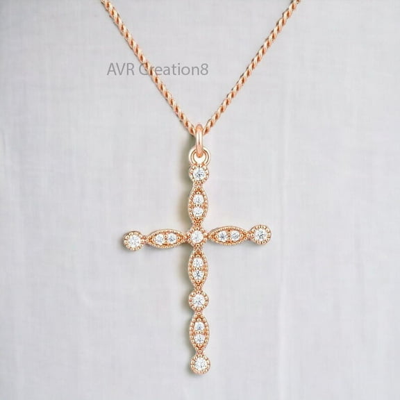 Round Dainty Diamond Cross Pendant Necklace, 14K Rose Gold Plated Sterling Silver Religious Jewelry