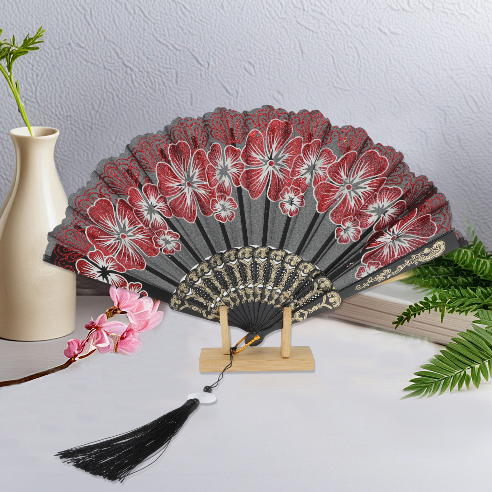 Unique Bargains Rose Lace with Tassel Folding Fan for Weddings and Parties 1 Pc Red