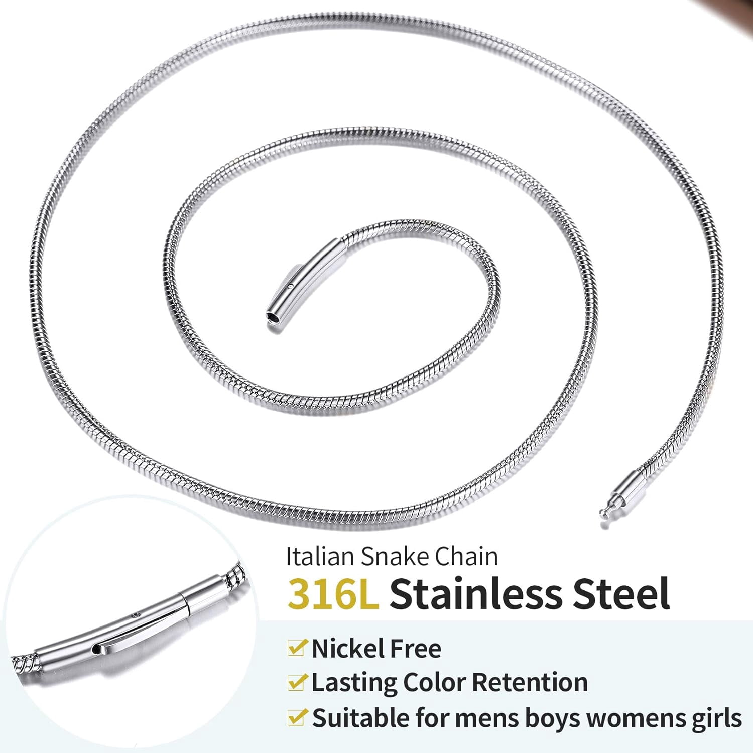 ChainsHouse 2.0mm Thin Snake Chain Necklaces for Women Men Stainless Steel Waterproof 16"-30" Jewelry Gift