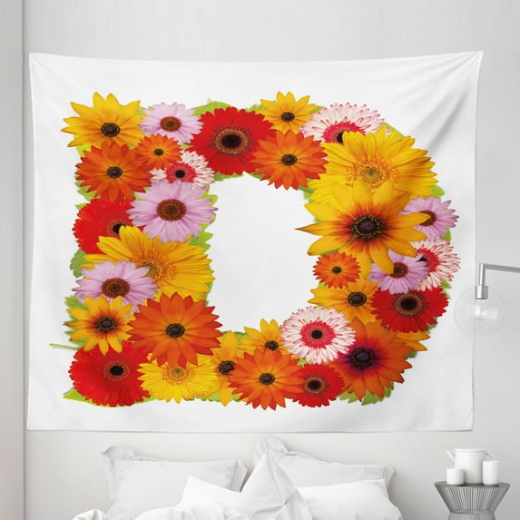 Letter D Tapestry, Alphabet with Various Different Daisies Chamomiles Colorful Summer Petals, Fabric Wall Hanging Decor for Bedroom Living Room Dorm, 5 Sizes, Multicolor, by Ambesonne
