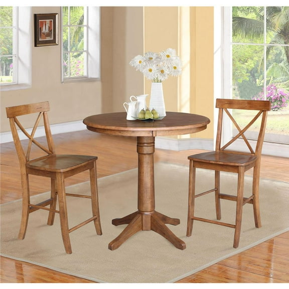 36" Solid Wood Round Pedestal Table in Distressed Oak with 2 X-Back Stools