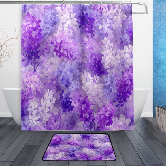 TTYFWHD 60" x 72" Shower Curtain and Bath Mat Set Lilac Purple Floral Pattern Waterproof Bathroom Curtain with 12 Hooks, Bathroom Decor Set