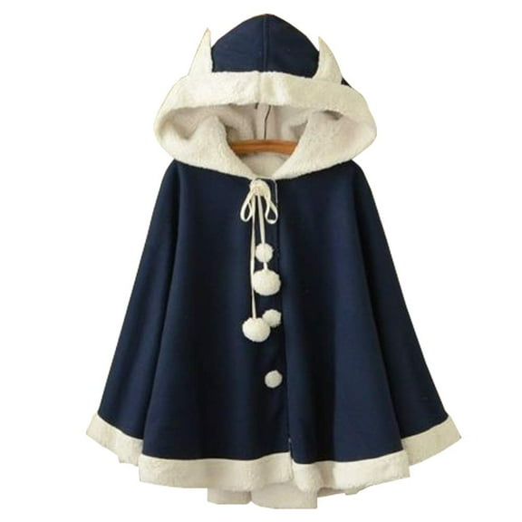 YM YOUMU Women Cape Cloak Warm Fleece Ears Hooded Poncho Coat Winter